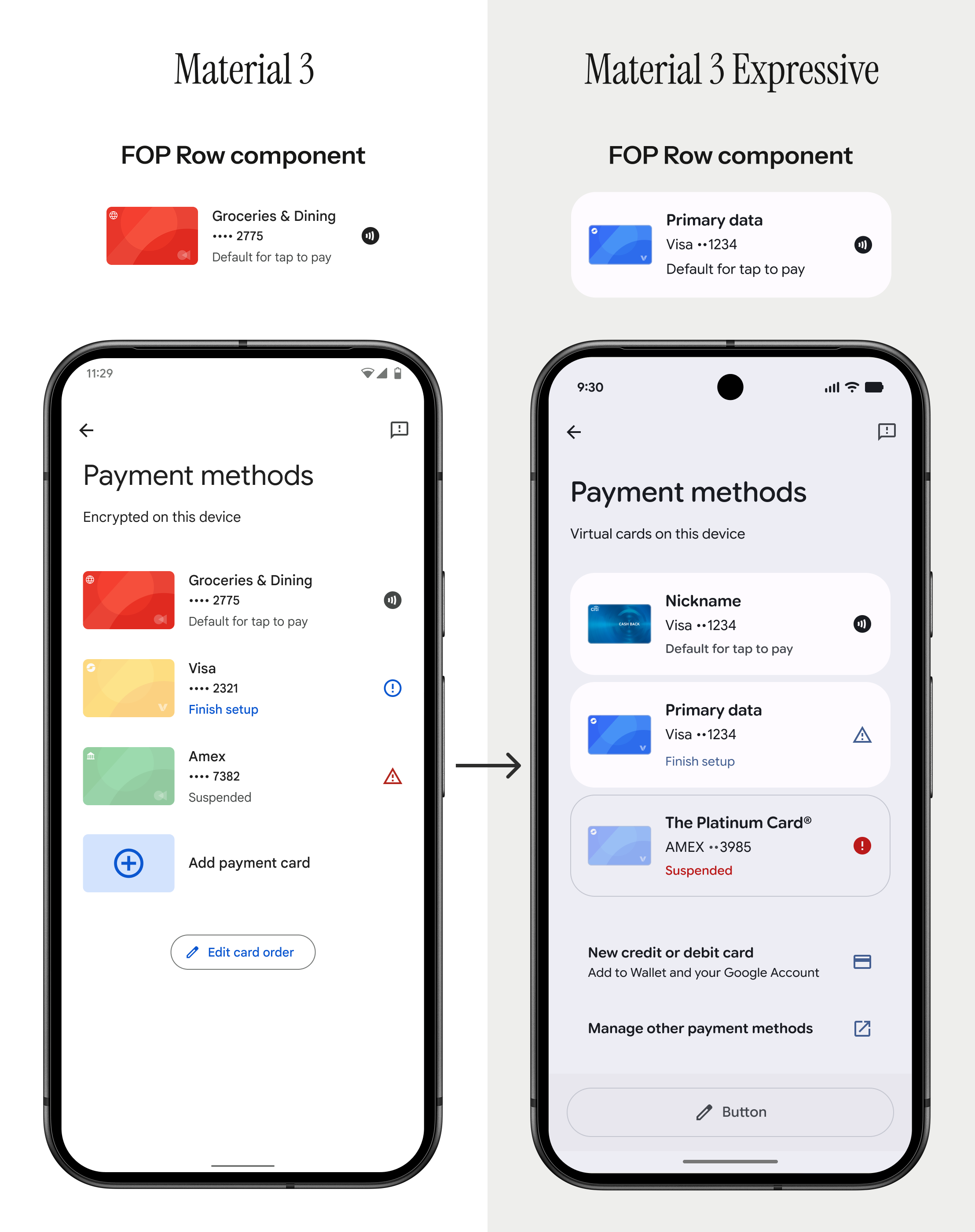 Side by side comparison of FOP Row component in Material 3 versus Material 3 Expressive.